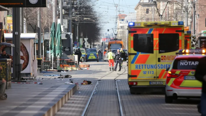 Police respond to an incident at Paradeplatz in the center of Mannheim, Germany, on Monday. Dieter Leder/picture alliance/Getty Images